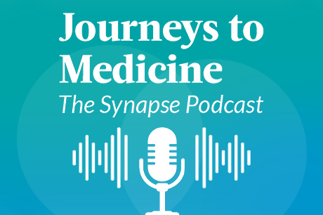 Graphic for the Journeys to Medicine, The Synapse Podcast. Icon features a microphone emitting and receiving soundwaves on a colorful background.