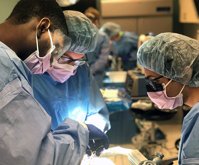 Surgeons perform a very delicate and intricate procedure on a patient.
